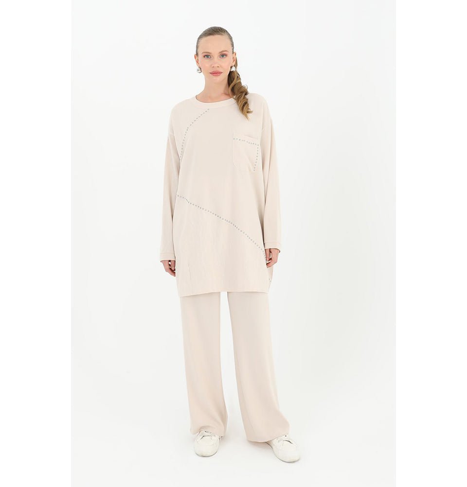 Modest Muslim Women's Chic Tunic and Wide Legged Pants - 14198 Beige