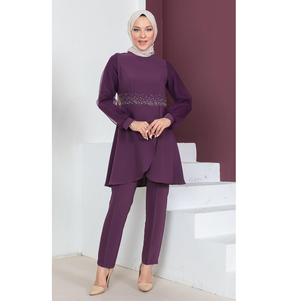 Modest Muslim Women's Beaded Leaf Tunic - 10629 Ecru