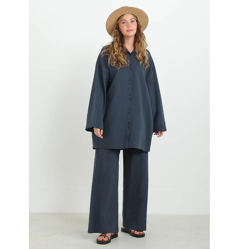 Modest Muslim Women's Cotton Two Piece Tunic Set - 20694 Navy Blue