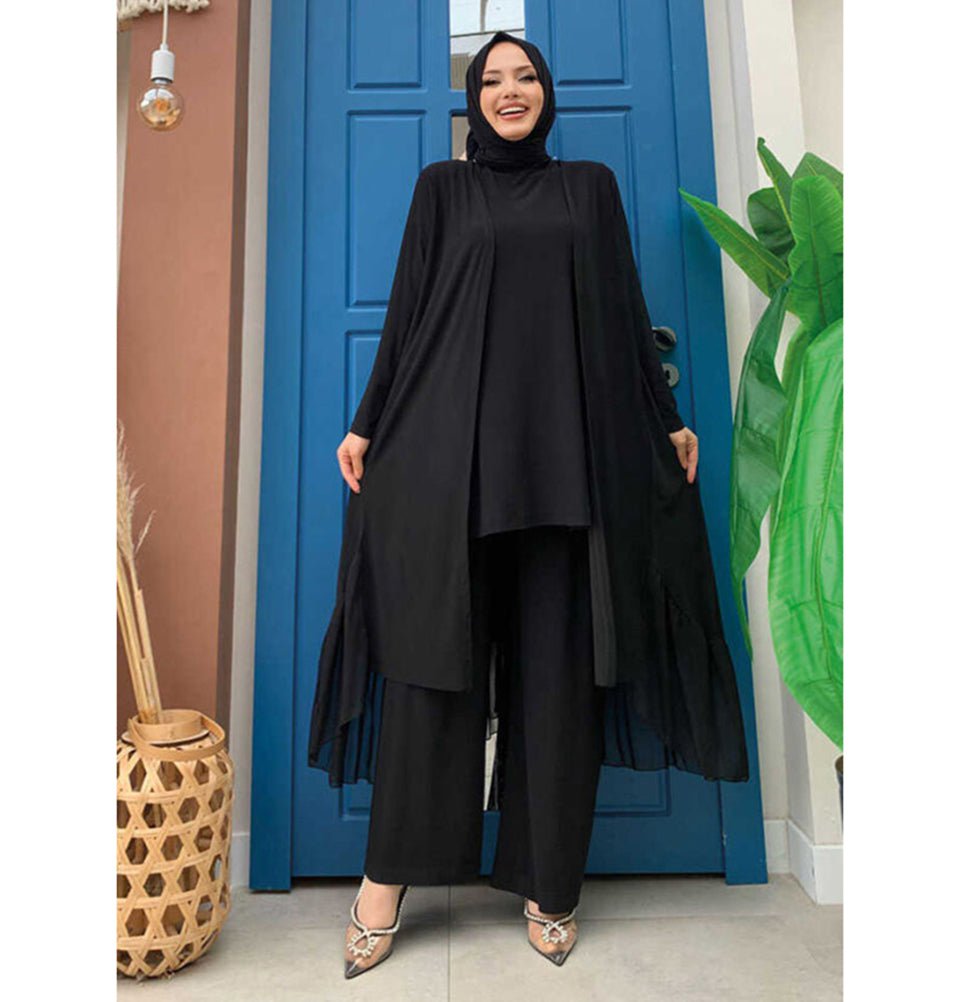 Modest Muslim Women's Three Piece Set with Pants & Ruffle Cardigan - B Modest Muslim Women's Three Piece Set with Pants & Ruffle Cardigan - B