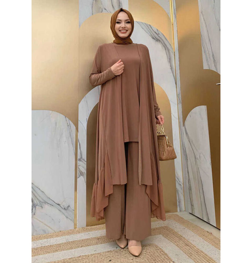 Modest Muslim Women's Three Piece Set with Pants & Ruffle Cardigan
