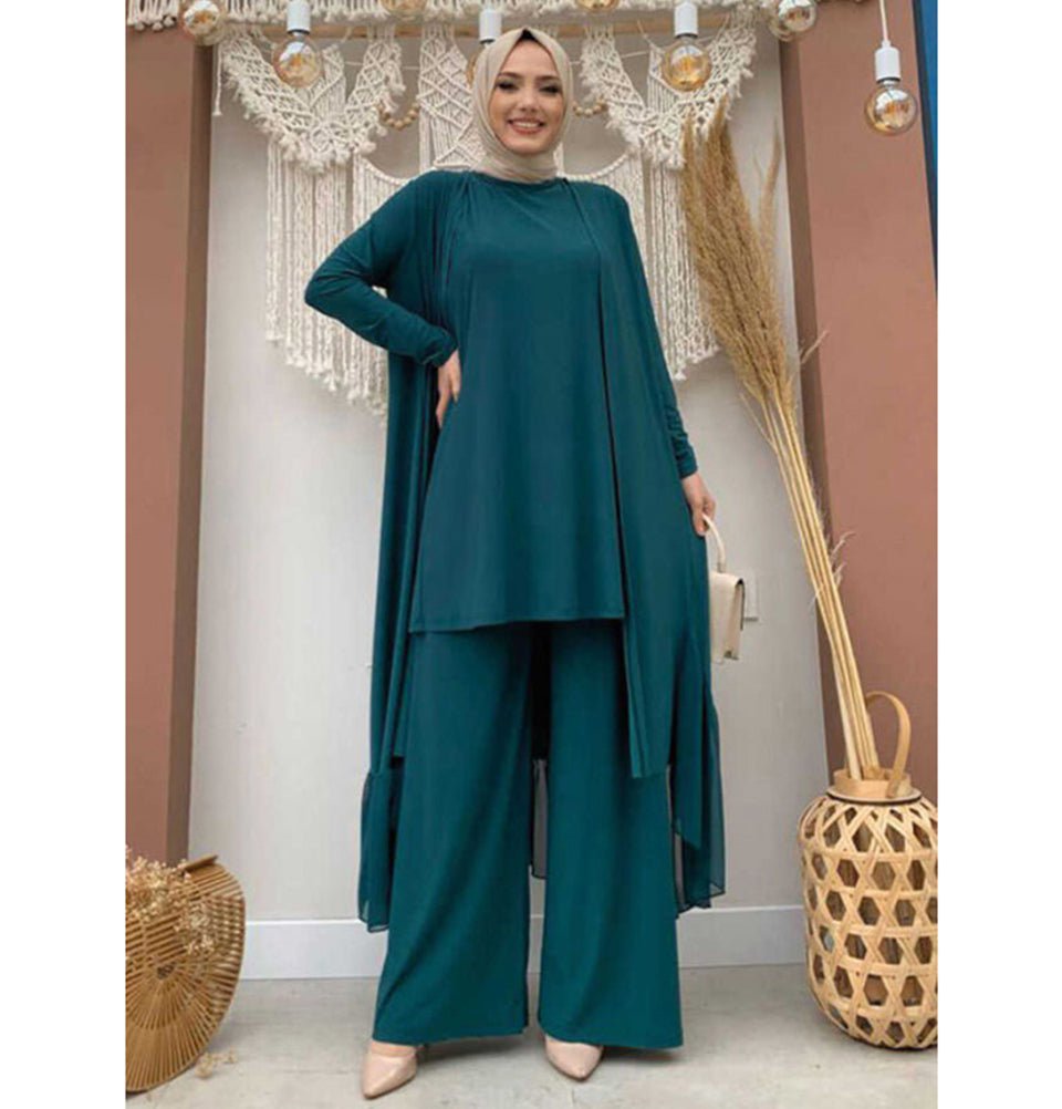 three piece dress for ladies Modest Muslim Women's Three Piece Set with Pants & Ruffle Cardigan