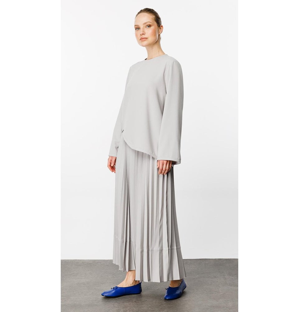 Modest Women's Criss Cross Top with Pleated Skirt - 241843 Stone Grey