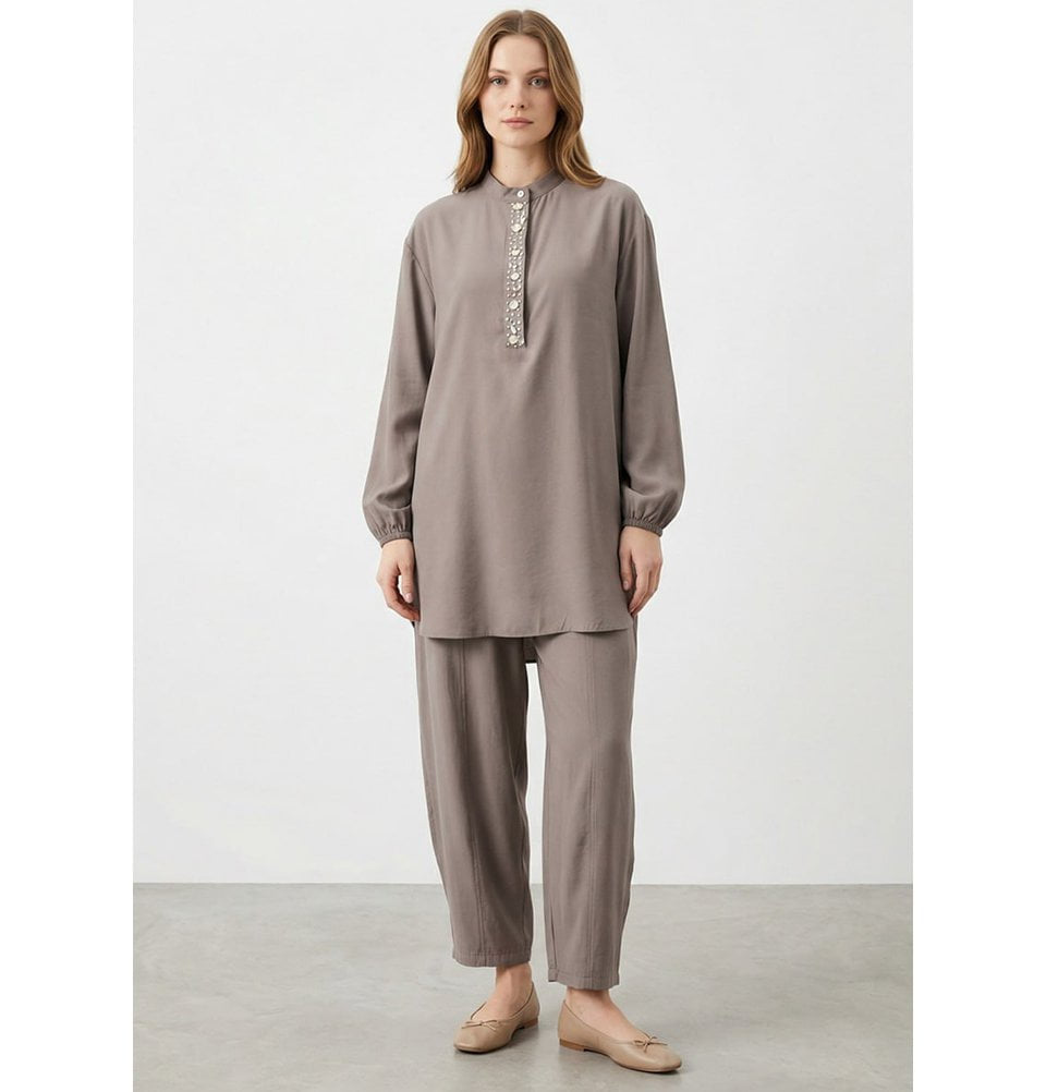 Modest Women's Embellished Tunic with Tapered Pants - 14422 Mink