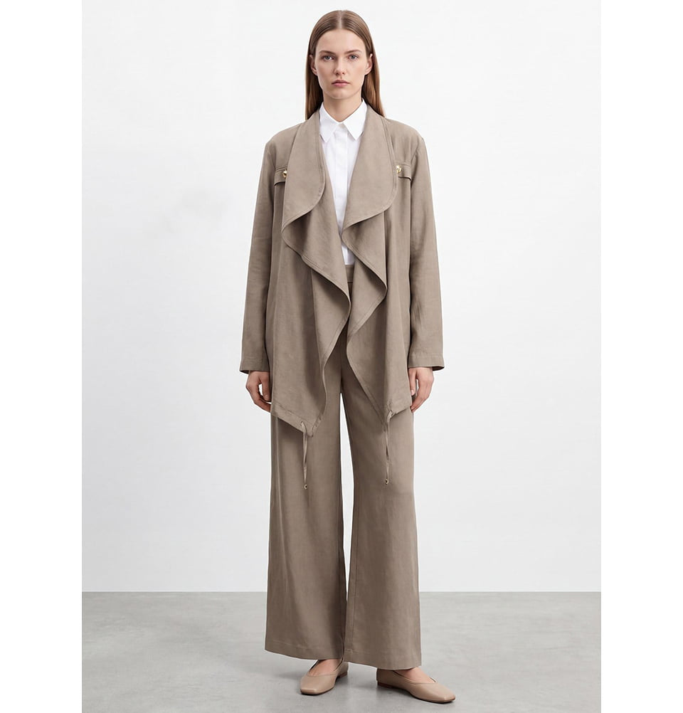 Women's Draped Collar Open Front Modal Jacket & Pants Set - 19267 Mink