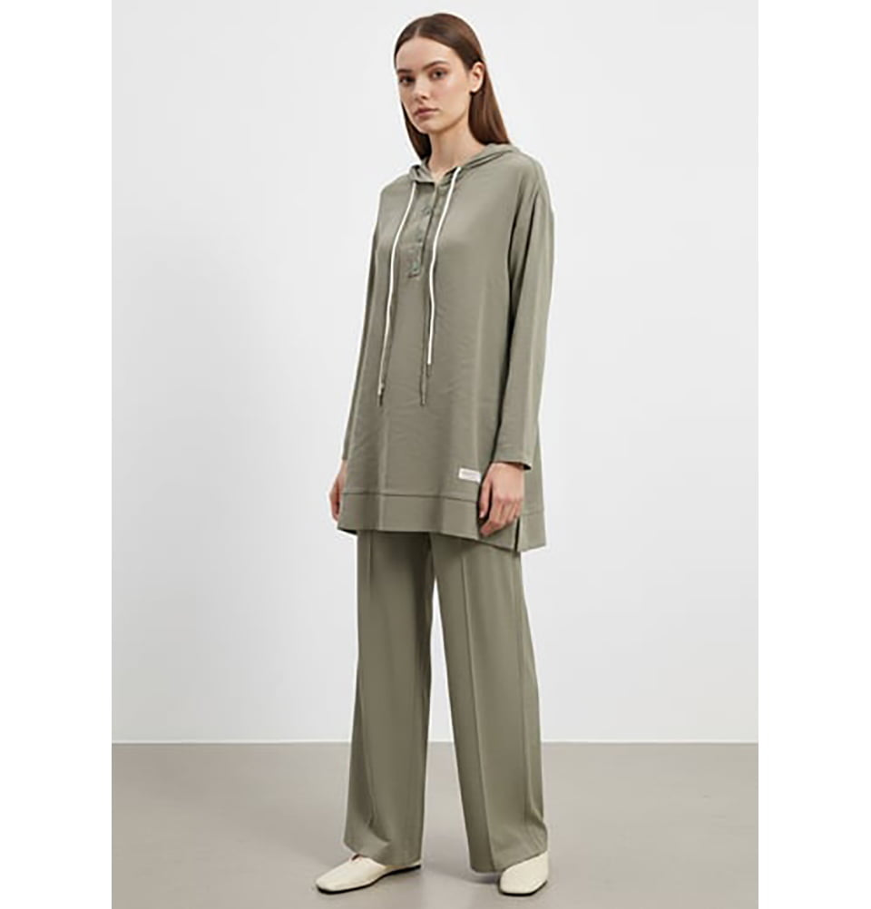 Women's Hooded Pullover with Wide Leg Pants - 14328 Khaki Green