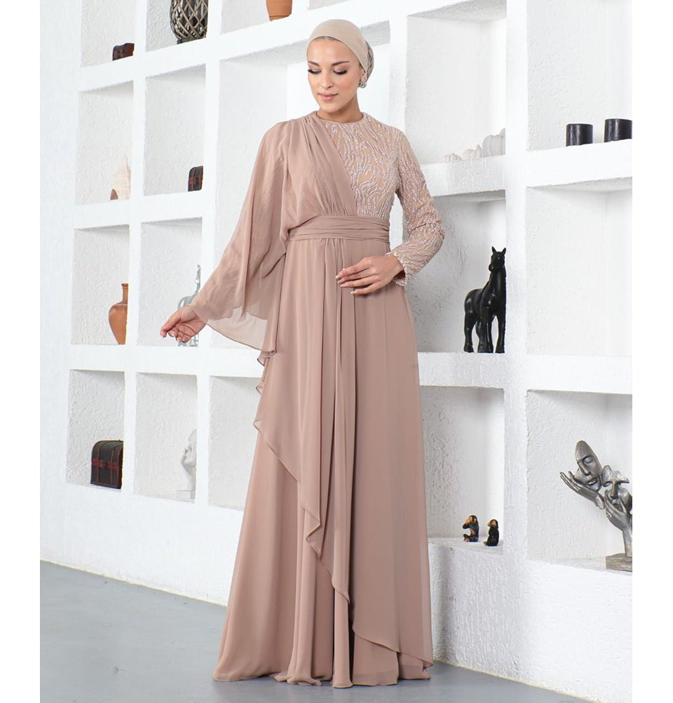 Modest Formal Cape Dress G569 - Tan Modest Formal Cape Dress G569 - Tan