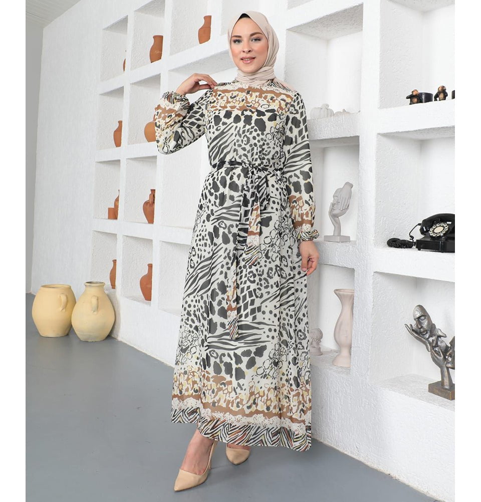 Modest Women's Dress Abstract Animal Print 3126