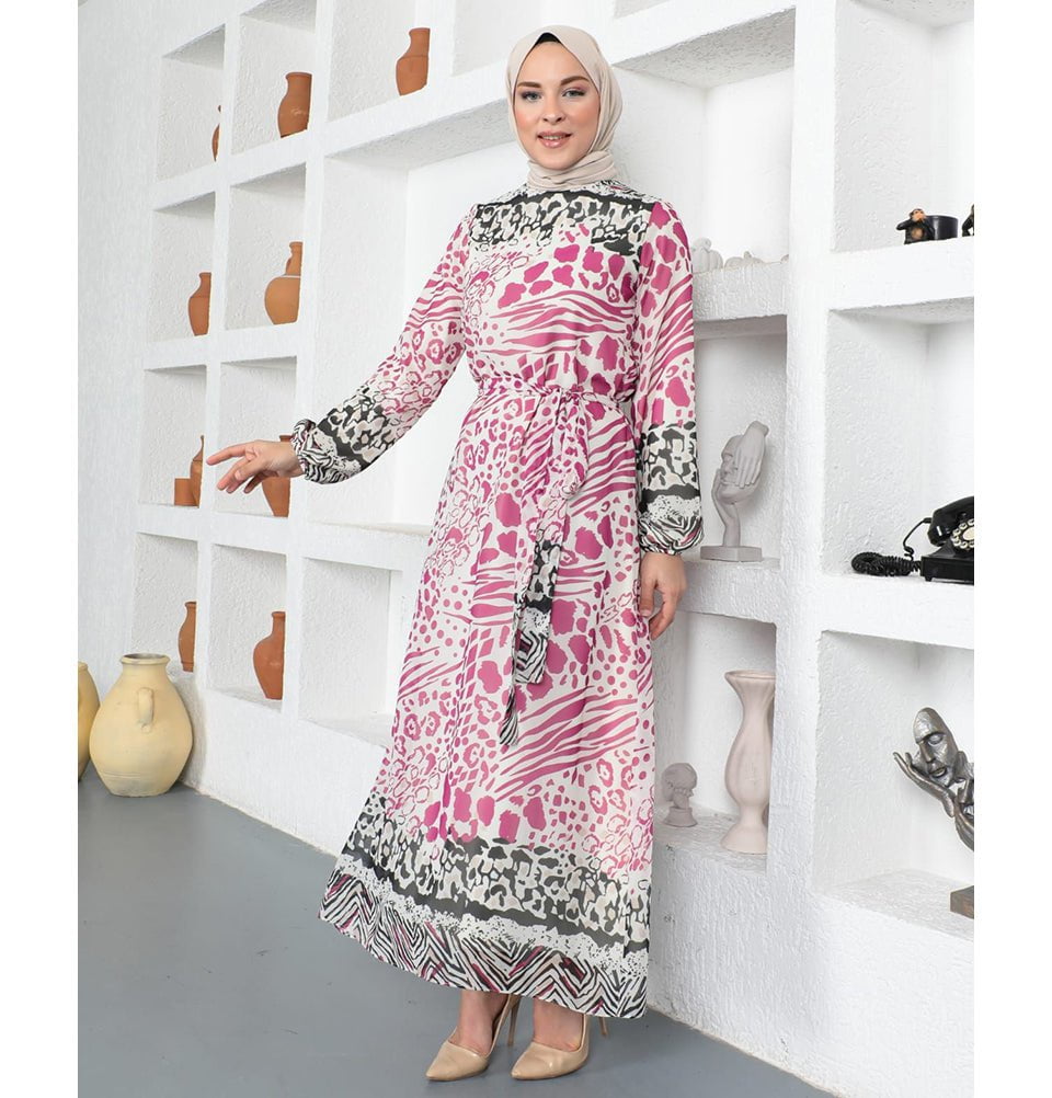 Modefa Modest Women's Dress Abstract Animal Print 3126 - Pink