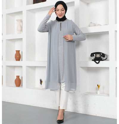 Modefa Modest Women's Formal Sparkly Tunic 6-50233 - Gray
