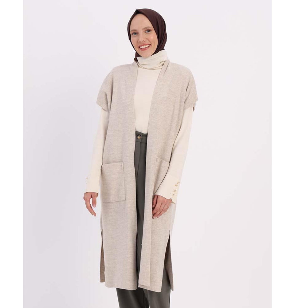 Modern Muslim Women's Pocketed Long Knit Vest - 90016 Stone Beige