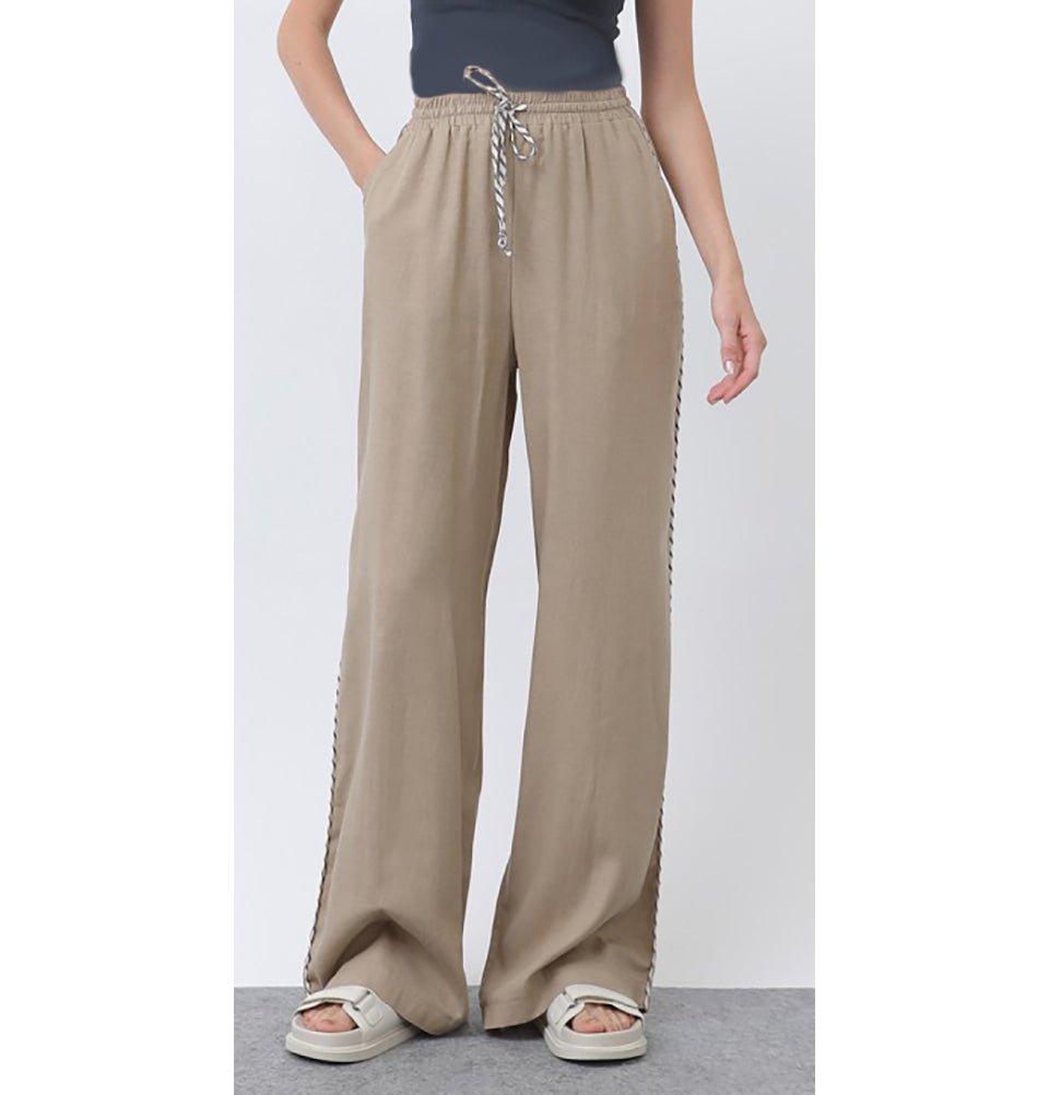 Modern Muslim Women's Linen Casual Wide Leg Drawstring Pants - M32342 Black