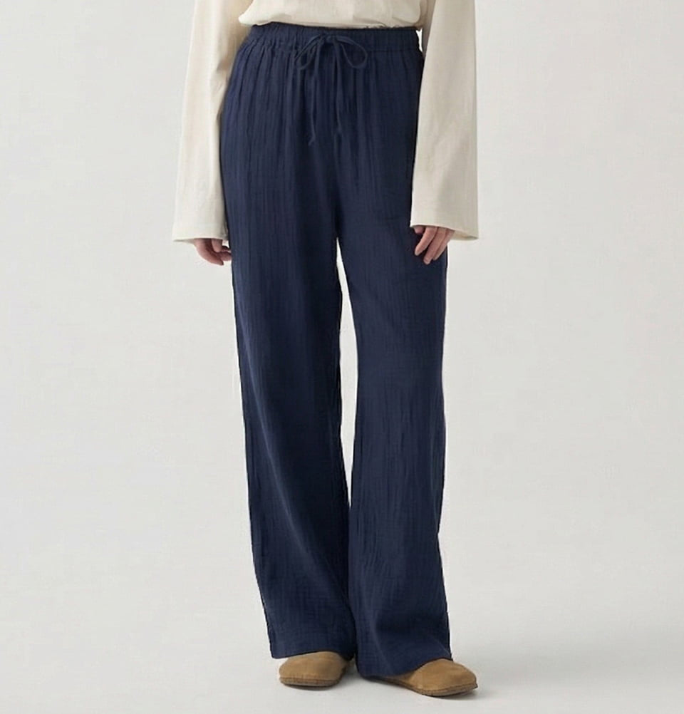 Women's Drawstring Muslin Wide Leg Pants - 70188 Navy Blue