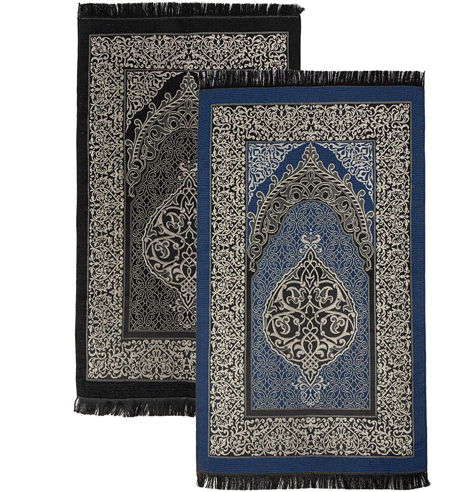 Chenille Ottoman Islamic Prayer Mat COMBO Set of 2 (Black + Blue)