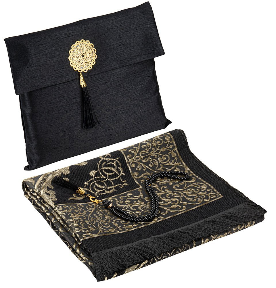 Islamic Gift Set - Prayer Mat & Tasbih in Taffeta Gift Bag - Black Islamic Gift Set - Prayer Mat & Tasbih in Taffeta Gift Bag - Black