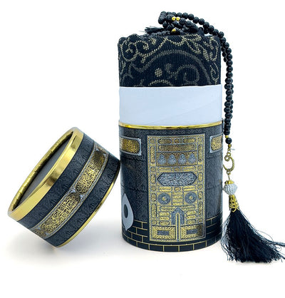 Modefa Prayer Rug Black Kaba Cylinder Gift Box Set with Prayer Mat & Prayer Beads - Black