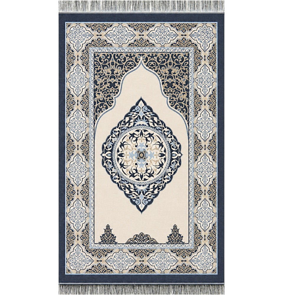 Chenille Medallion Ottoman Islamic Prayer Mat - Blue