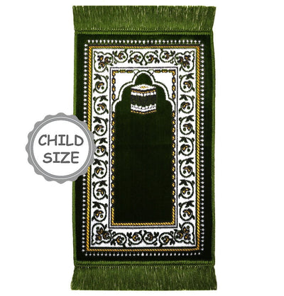 Modefa Prayer Rug Child Velvet Islamic Prayer Rug - Green with Kaba