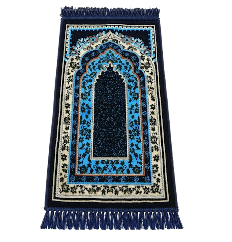 Child Velvet Islamic Prayer Rug - Mihrab Blue