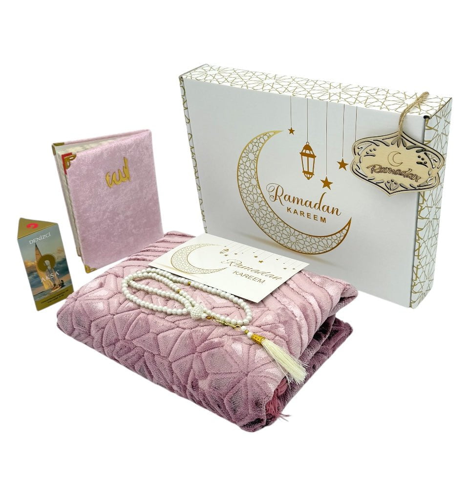 Luxury Velvet Islamic Prayer Rug 5 Piece Ramadan Gift Set - Green