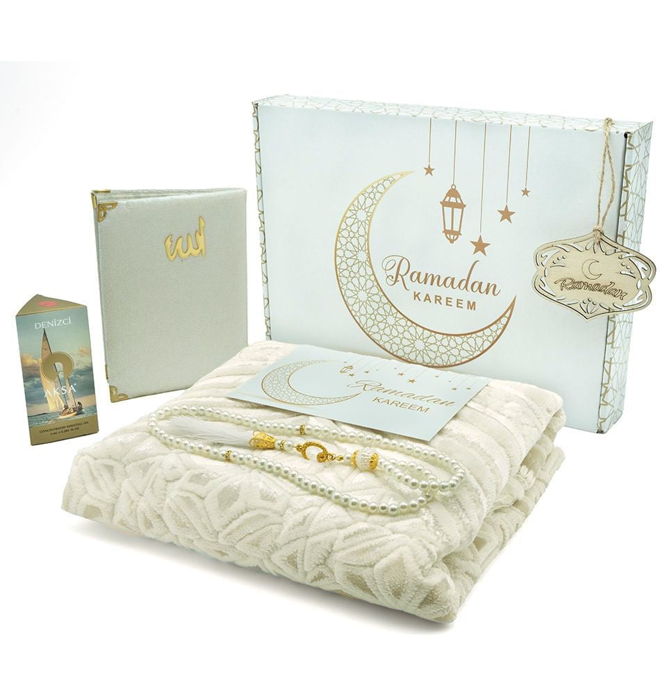 Luxury Islamic Quran & Prayer Rug 4 Piece Gift Set - Blue/Gold