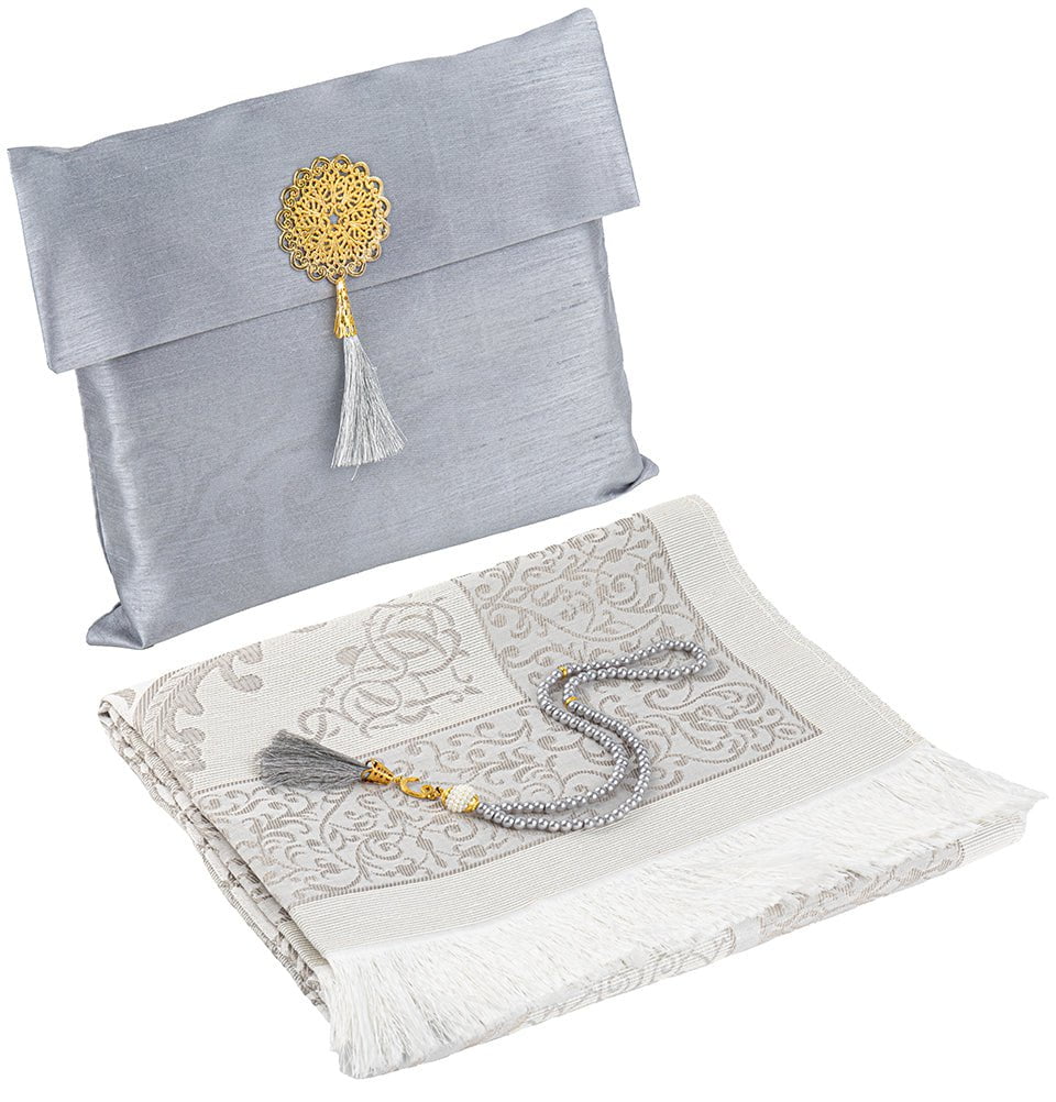 Islamic Gift Set - Prayer Mat & Tasbih in Taffeta Gift Bag - Gray
