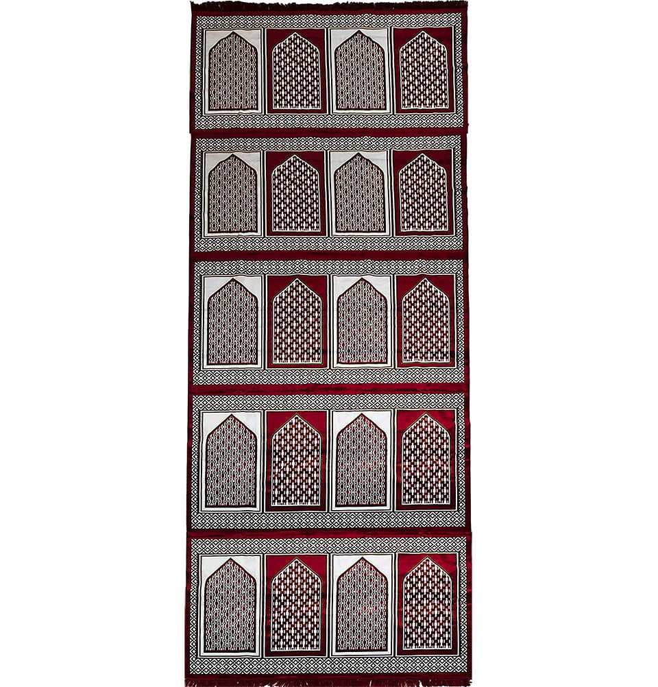 Long Row 8 Person Masjid Islamic Prayer Rug - Geometric Dotted Arch Red