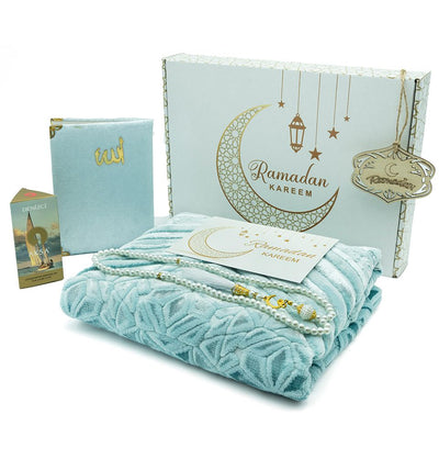 Modefa Prayer Rug Light Blue Luxury Velvet Islamic Prayer Rug 5 Piece Ramadan Gift Set - Light Blue