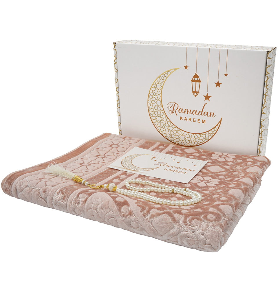 Luxury Velvet Prayer Rug Ramadan Gift Box Set with Prayer Beads - Floral Stamp Light Pink Luxury Velvet Prayer Rug Ramadan Gift Box Set with Prayer Beads - Floral Stamp Light Pink
