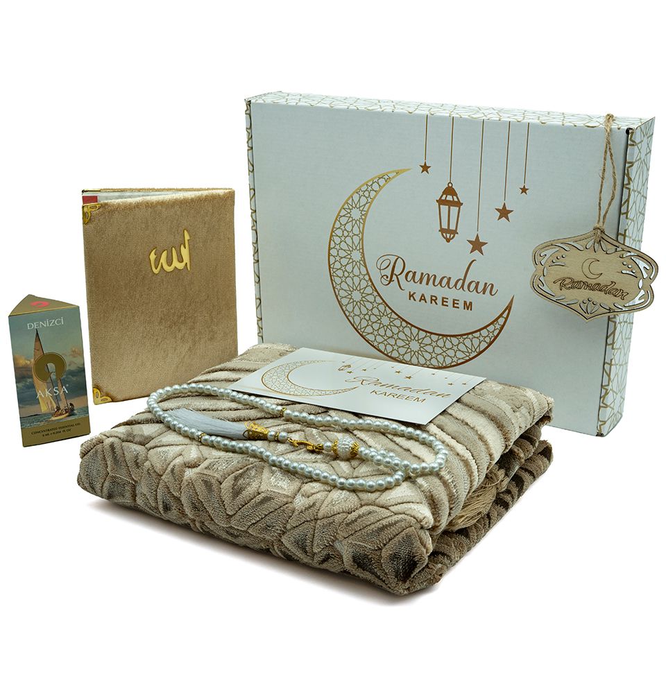 Luxury Velvet Eid Mubarak Gift Bag Set - 5 Pieces with Prayer Rug - Light Blue