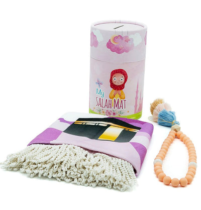 Modefa Prayer Rug Pink Kid's Cylinder Gift Box Set with Prayer Mat & Prayer Beads - Pink