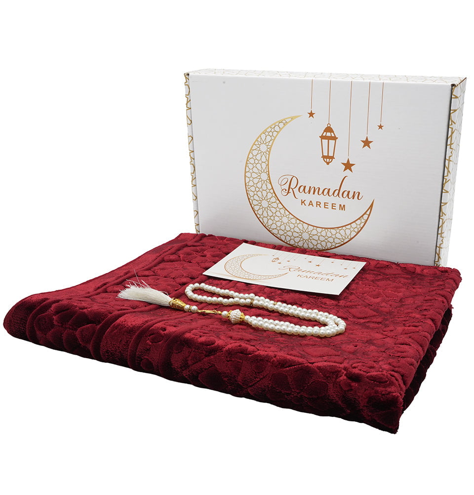 Luxury Velvet Prayer Rug Ramadan Gift Box Set with Prayer Beads - Flor