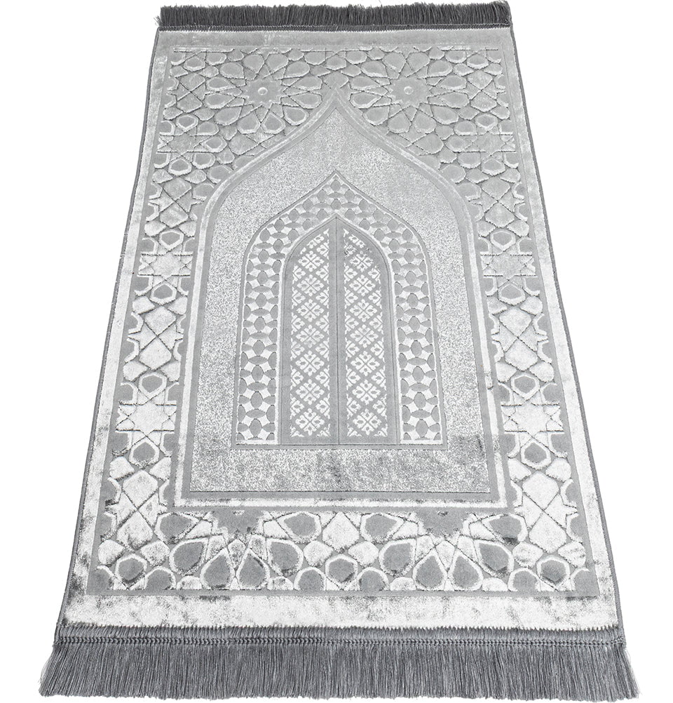 Luxury Velvet Islamic Prayer Rug Moroccan Star - Silver Grey