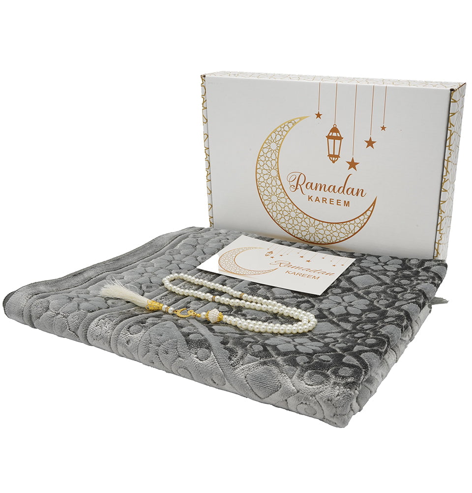 Luxury Velvet Prayer Rug Ramadan Gift Box Set with Prayer Beads - Floral Stamp Silver Grey Luxury Velvet Prayer Rug Ramadan Gift Box Set with Prayer Beads - Floral Stamp Silver Grey