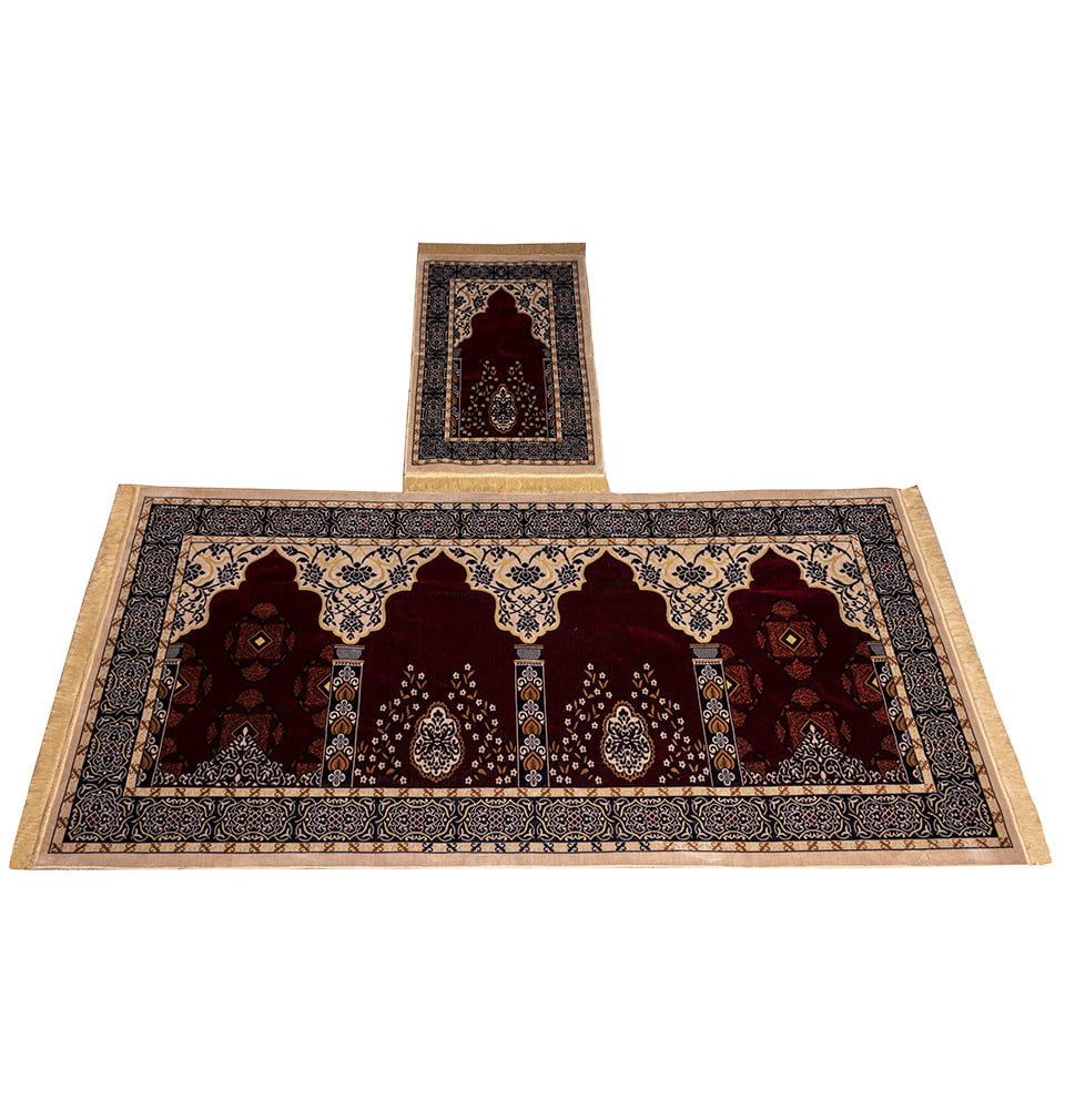 Wide 5 Person Velvet Islamic Prayer Rug With Imam Spot Red & Beige