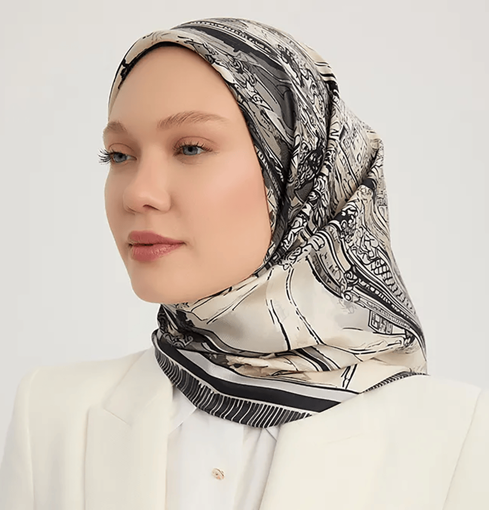 小物 CTHY HIGH-END GRAPHIC SILK SCARF Serica Patterned Silk Square Crescent City Hijab - Black
