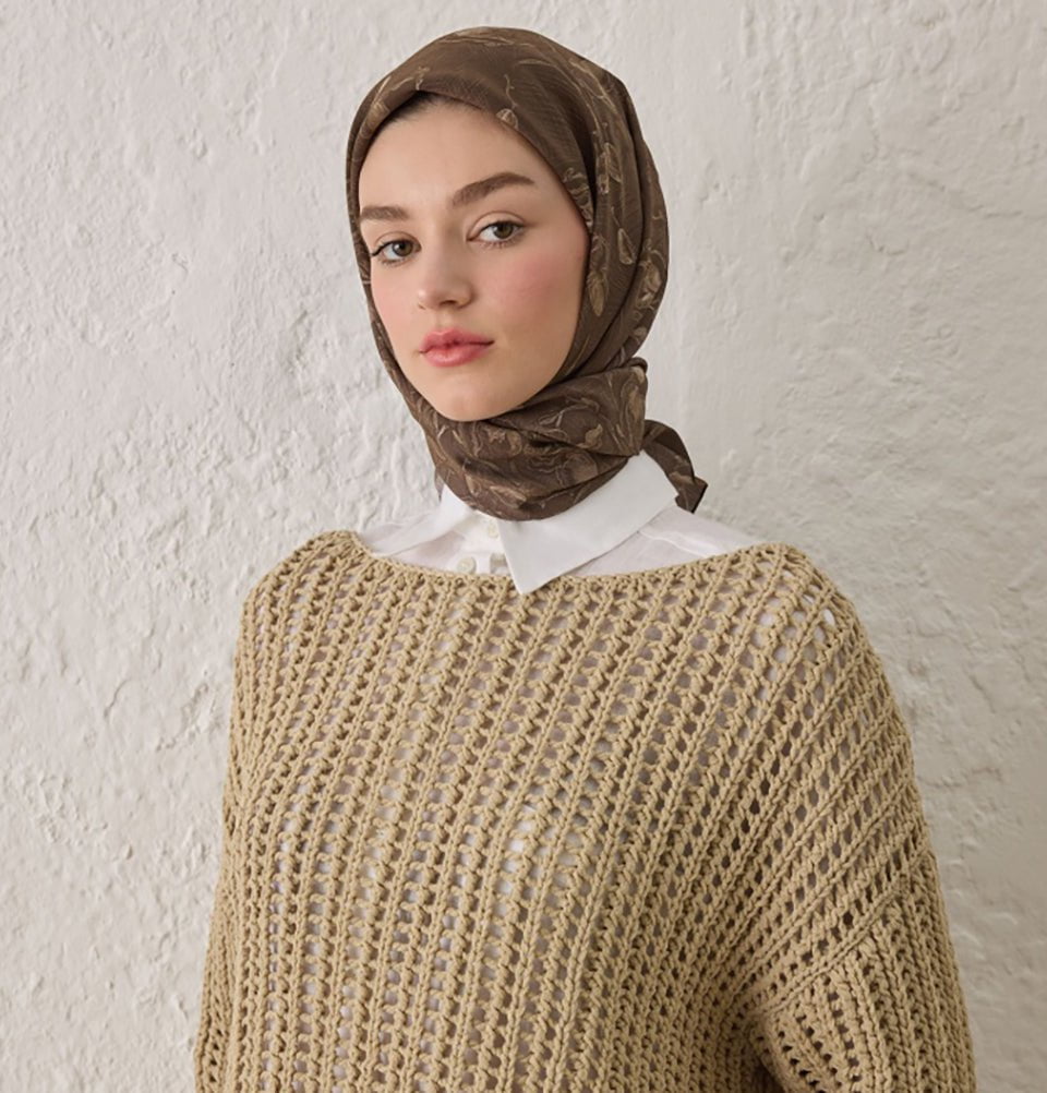 Patterned Viscose Cotton Square Hijab Ruby Coffee