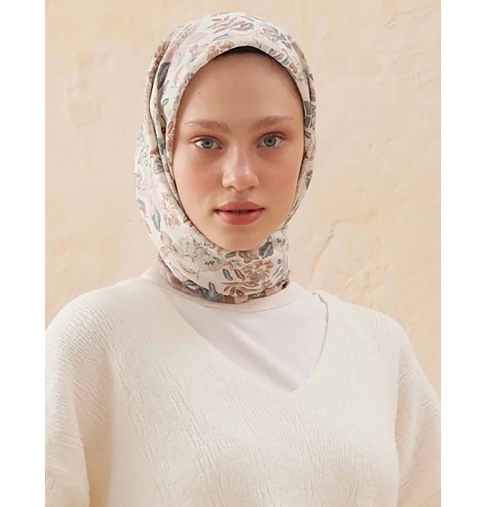 Patterned Viscose Cotton Square Hijab Foliage Brown
