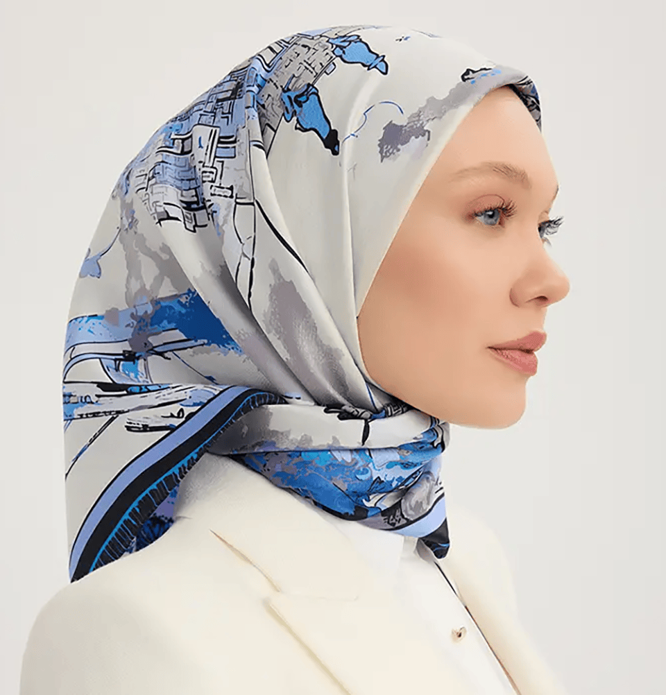 Serica Patterned Silk Square Crescent City Hijab - Indigo