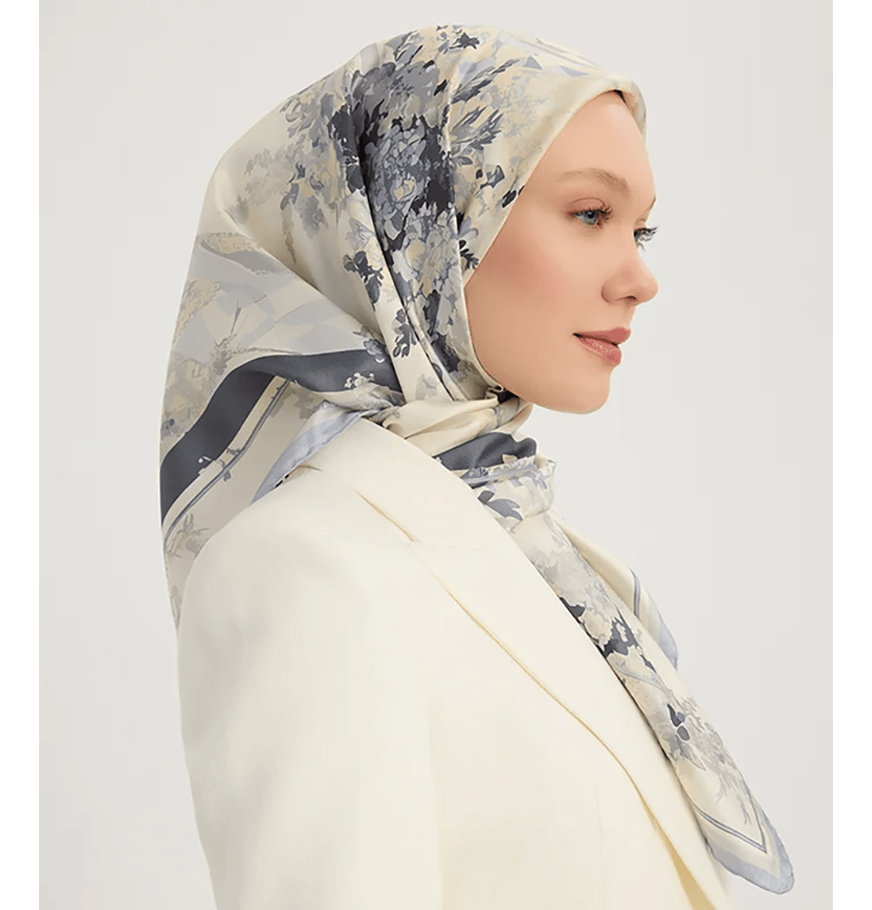 Serica Patterned Silk Square Floral Hijab - Indigo display picture 3