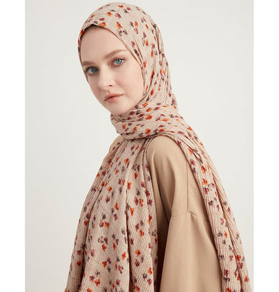 Modefa Shawl Beige Posies Crinkle Cotton Hijab Shawl - Beige