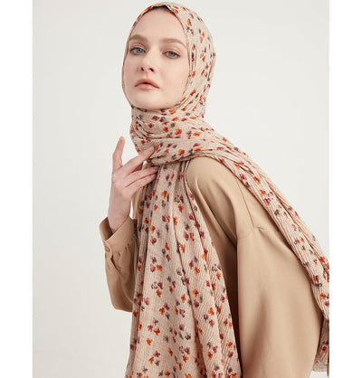 Modefa Shawl Beige Posies Crinkle Cotton Hijab Shawl - Beige