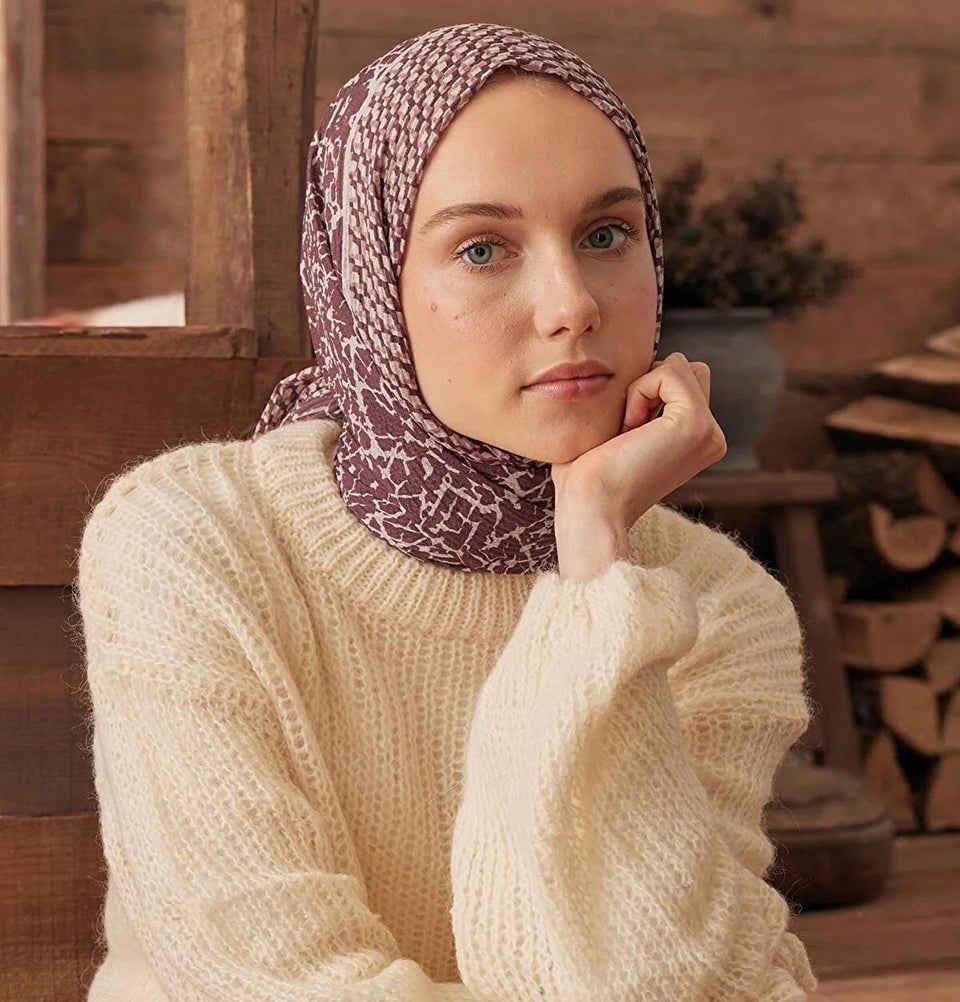 Modefa Shawl Burgundy Mixed Pattern Crinkle Cotton Hijab Shawl - Burgundy