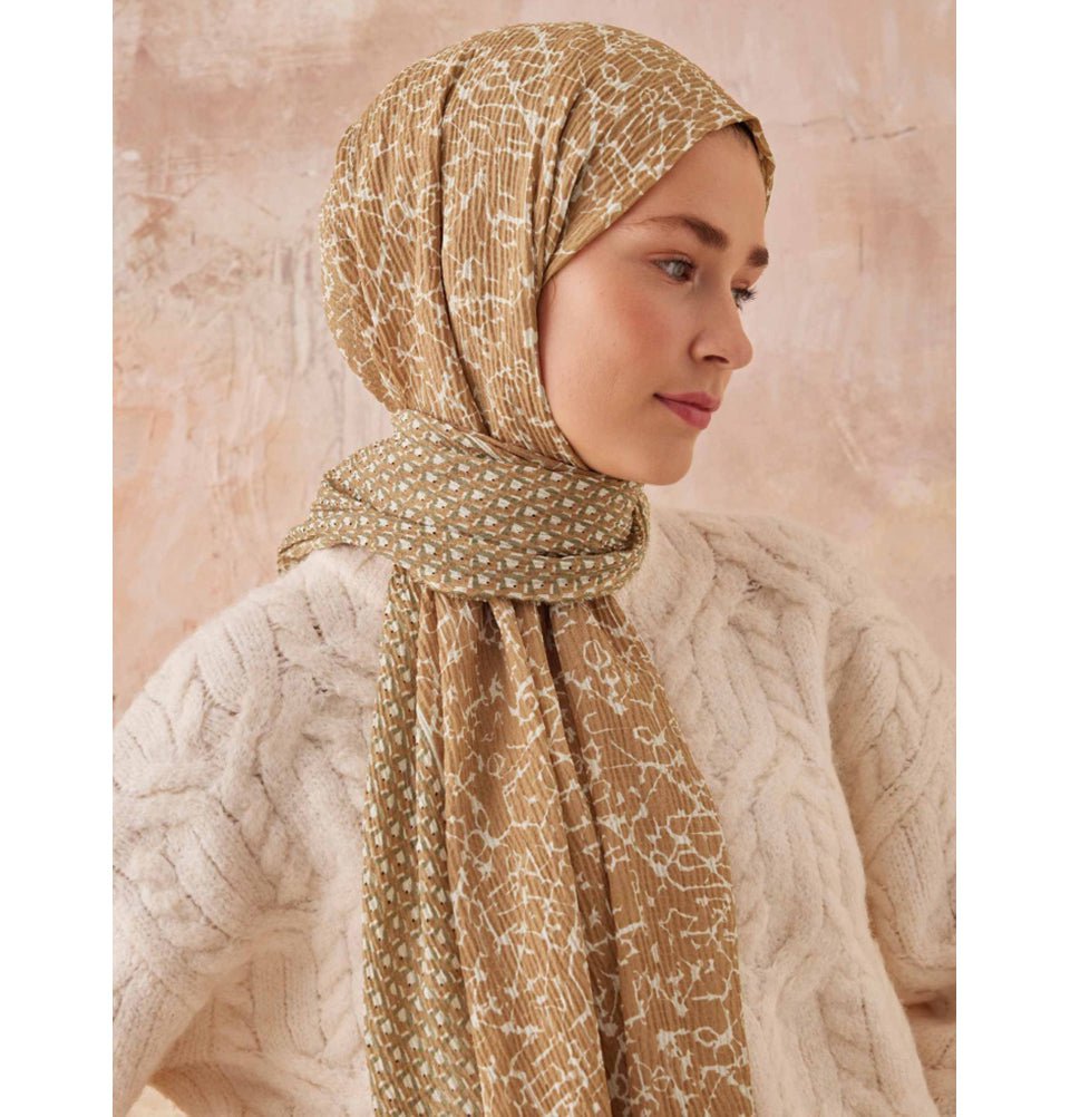 Modefa Shawl Camel Mixed Pattern Crinkle Cotton Hijab Shawl - Camel