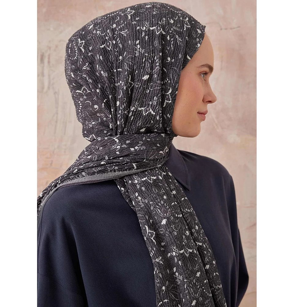 Modefa Shawl Charcoal Grey Paisley Crinkle Cotton Hijab Shawl - Charcoal Grey