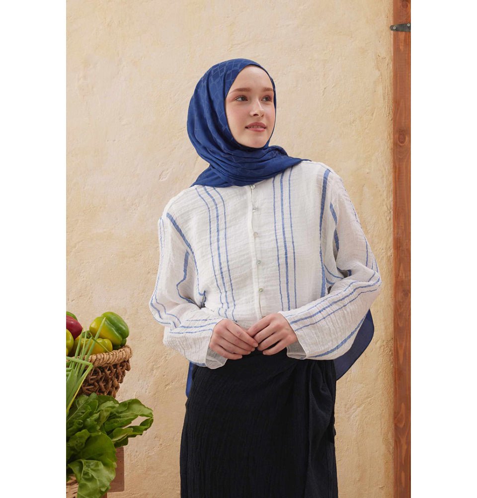 Modefa Shawl Dark Blue Diamond Jacquard Satin Hijab Shawl - Dark Blue