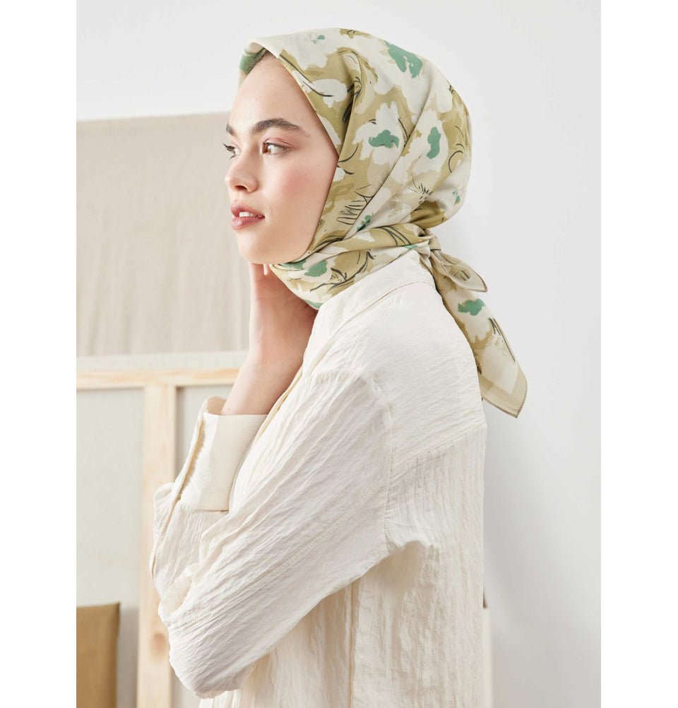 Patterned Viscose Cotton Square Hijab Elegant Floral Sage