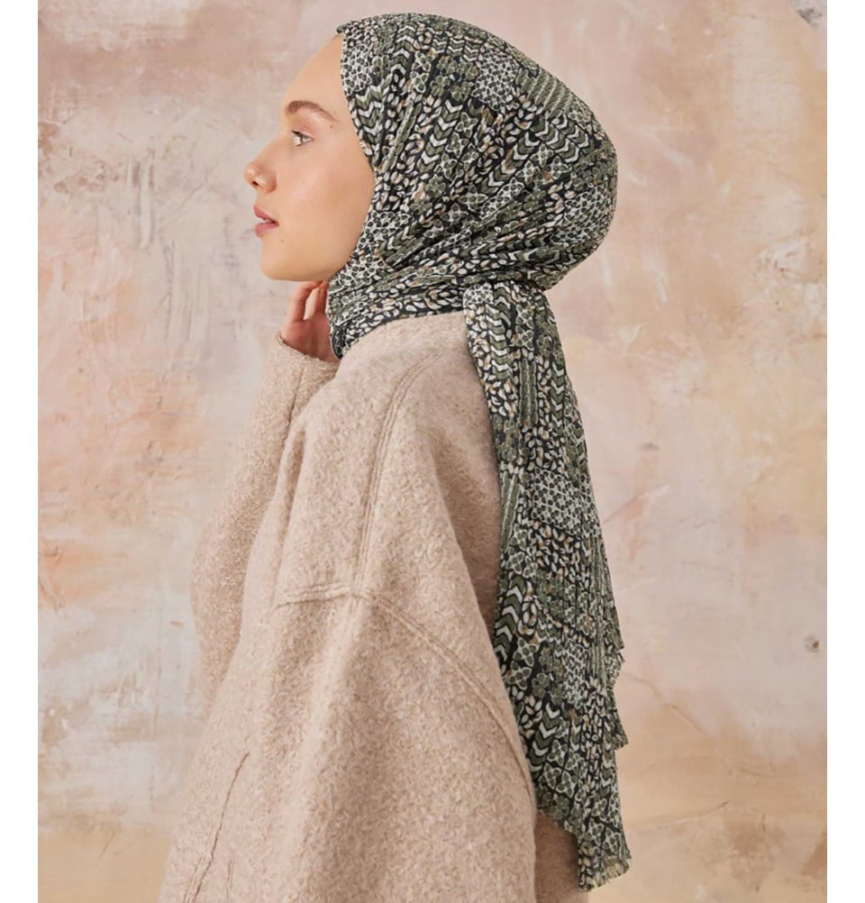 Modefa Shawl Green Abstract Crinkle Cotton Hijab Shawl - Green