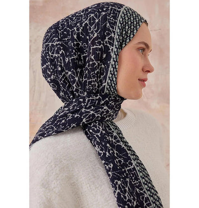 Modefa Shawl Navy Blue Mixed Pattern Crinkle Cotton Hijab Shawl - Navy Blue