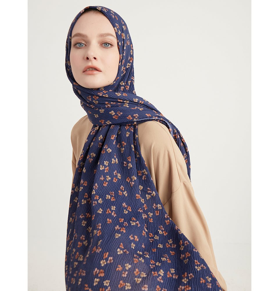 Modefa Shawl Navy Blue Posies Crinkle Cotton Hijab Shawl - Navy Blue